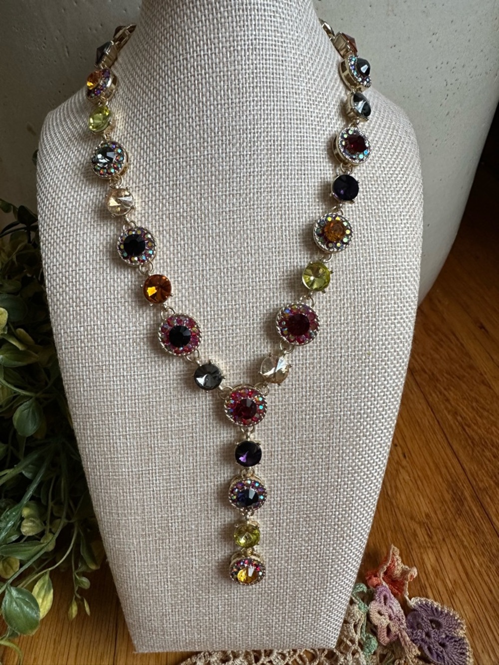 Vintage Christian Soriano Multi-Color Crystal Drop Gold Tone Y-Necklace